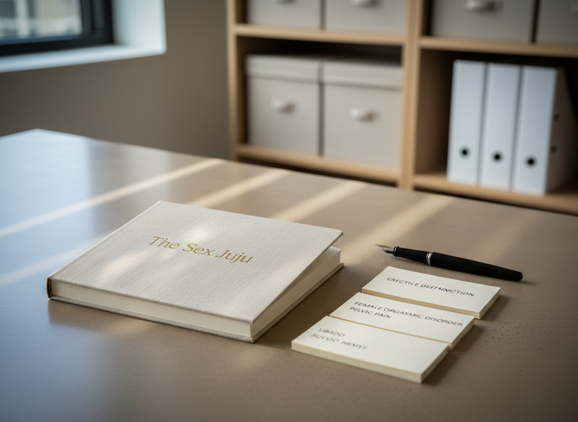 A meticulously organized, minimalist desk scene featuring an open, linen-textured notebook with the words “The Sex Juju” embossed in subtle matte gold on the cover. The notebook rests on a smooth, warm-gray concrete desktop alongside a slim black fountain pen and a neatly stacked set of cream-colored index cards labeled with clinical terms about sexual health. In the background, a soft-focus bookshelf holds neutral-toned archival boxes and academic binders. Cool, diffused daylight from an unseen window to the left casts gentle, linear shadows, reinforcing clean lines and a structured, corporate aesthetic. Captured at an eye-level, three-quarter angle with sharp focus on the notebook and a mild vignette around the edges, the photographic realism feels calm, professional, and grounded in serious, evidence-based sexology work.