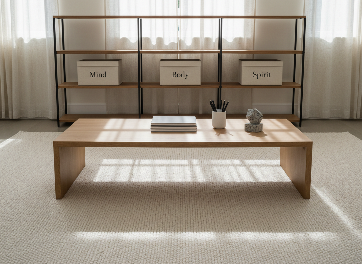A structured, minimalist consultation space without any chairs or people, focusing instead on the intentional arrangement of objects. A low, rectangular coffee table in light oak stands on a tightly woven, neutral rug. On the table, a neatly stacked trio of soft-gray notebooks, a matte white ceramic cup holding fine-tipped pens, and a small, geometric stone sculpture create a visual triangle. Behind, a tall shelving unit in black metal and wood holds neatly aligned boxes labeled “Mind,” “Body,” and “Spirit” in understated typography. Natural afternoon light filters through sheer, off-white curtains, creating soft vertical bands of brightness across the floor and table. Photographic realism with an eye-level, wide shot and strong linear composition conveys order, safety, and professionalism, reflecting the holistic, mental-health-centered approach of sexology for the Black American community.
