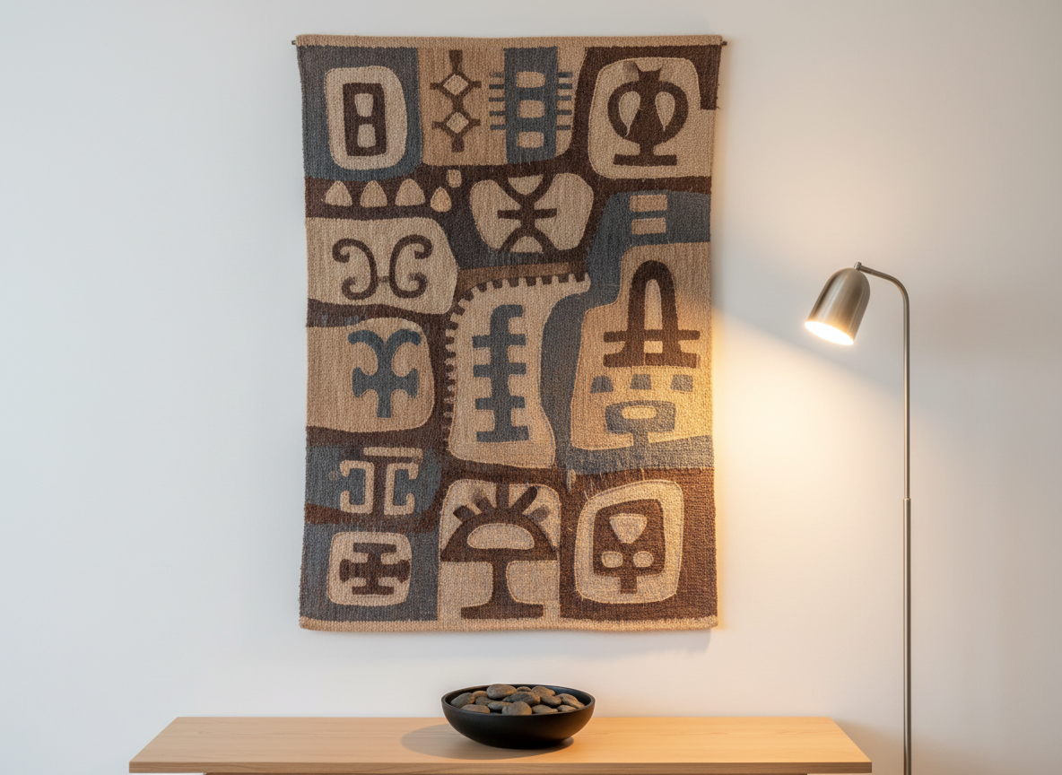A close-up photographic scene of a textured, earth-toned fabric wall hanging featuring an abstract pattern inspired by precolonial African symbolism, rendered in muted sand, deep umber, and soft slate hues. The textile hangs on a crisp off-white wall above a low, pale wood console holding a single, matte black ceramic bowl filled with polished river stones. A slim, brushed-metal floor lamp to the side casts warm, diffused light that grazes the fabric, revealing fine threads and subtle raised stitching while creating a calm interplay of light and shadow. Shot straight-on with a centered composition and moderate depth of field, the image feels serene, grounded, and culturally rooted without being literal. The overall aesthetic is clean, modern, and corporate, connecting ancestral wisdom to contemporary sexual wellness in a refined, professional manner.