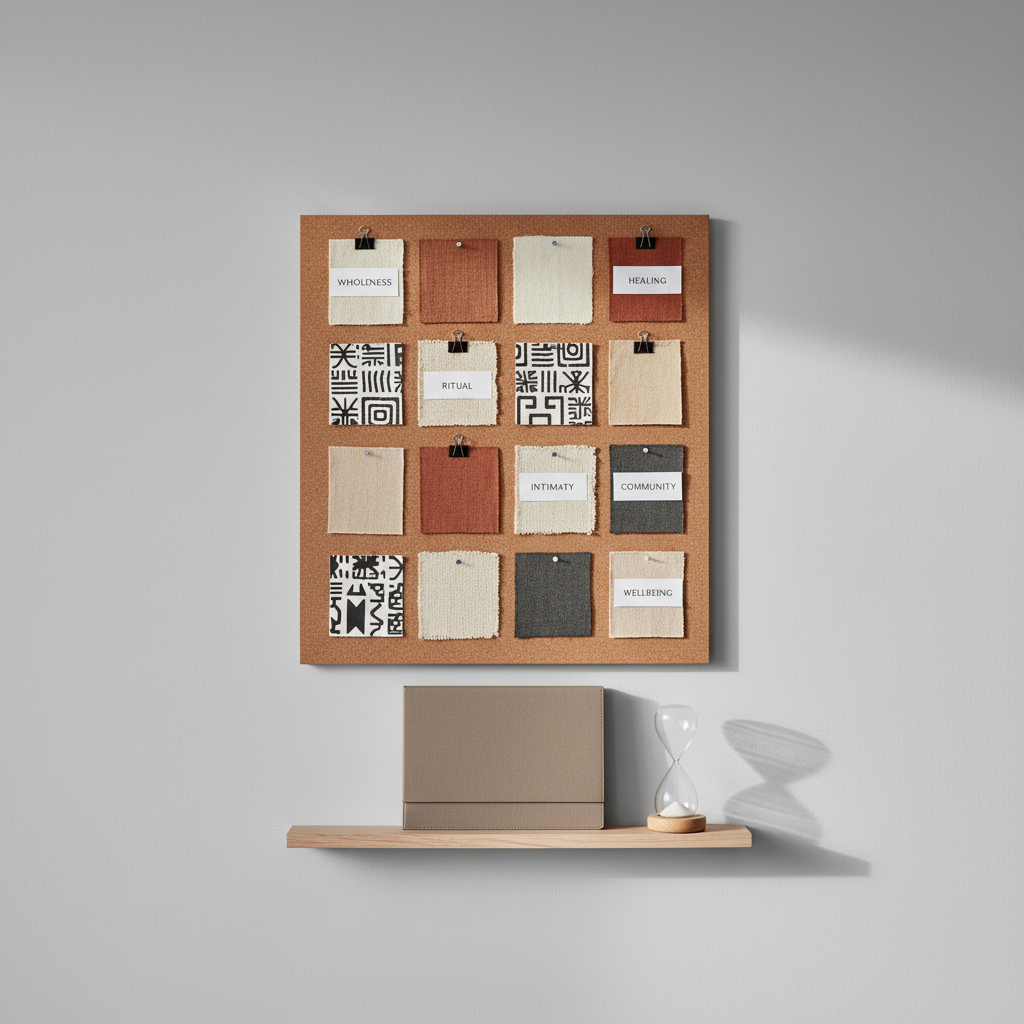 A sophisticated mood board pinned to a large cork panel mounted on a clean, light-gray wall, representing the visual language of precolonial African sexual wellness in a modern corporate context. Swatches of neutral and earthy fabrics, small monochrome prints of ancient geometric motifs, and neatly typed cards with words like “wholeness,” “ritual,” and “healing” are arranged in a precise grid. Slim black binder clips and metal pushpins add subtle industrial detail. A narrow ledge below the board holds a closed taupe portfolio and a minimalist sand-colored hourglass. Soft, indirect daylight from the right produces gentle, consistent illumination with faint, disciplined shadows. Captured straight-on with sharp focus across the entire frame, the photographic style is clean and organized, evoking strategic thinking, cultural respect, and a thoughtful, evidence-informed approach to sexual health design and education.