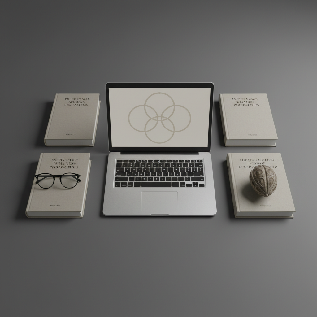 A carefully curated flat lay of sexology research materials arranged on a wide, matte charcoal surface. At the center, a sleek silver laptop displays a muted abstract diagram of interconnected circles, suggesting mental, physical, and spiritual aspects of sexual wellness. Surrounding it are neutral-toned hardcover books with embossed spines, a pair of black-framed reading glasses, and a small stone sculpture resembling a stylized seed pod, symbolizing generative life. Soft overhead studio lighting creates even illumination with subtle highlights on the metallic laptop and gentle shadows beneath each object. The composition follows a balanced grid layout with generous negative space, conveying order, clarity, and a professional, corporate tone. Photographic realism emphasizes clean edges and smooth textures, supporting a sense of intellectual rigor and holistic understanding of precolonial African sexual health.